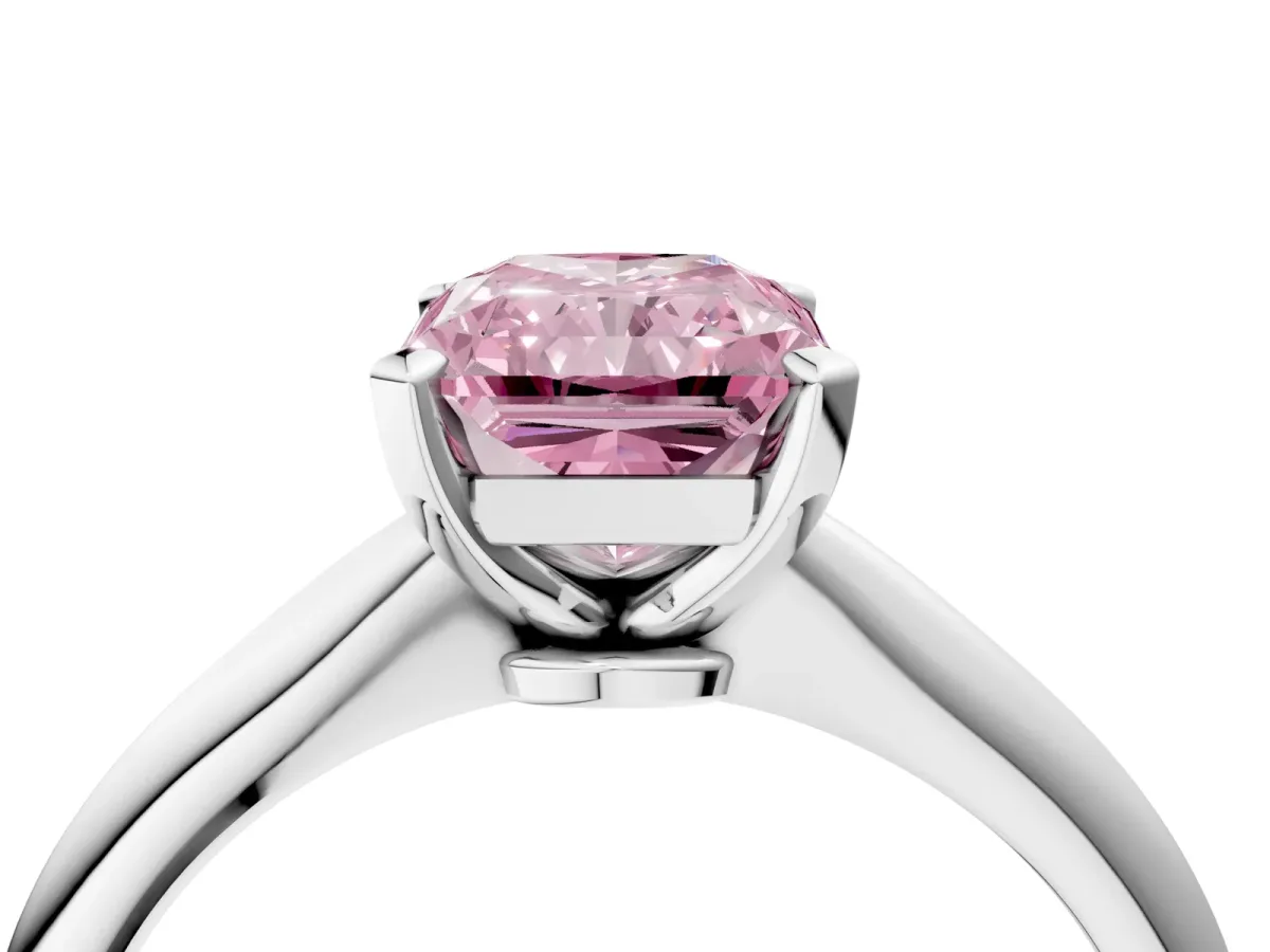 Fancy Pink Radiant Cut Diamond Solitaire Engagement Ring with Classic Band and Four-Prong Setting Silver