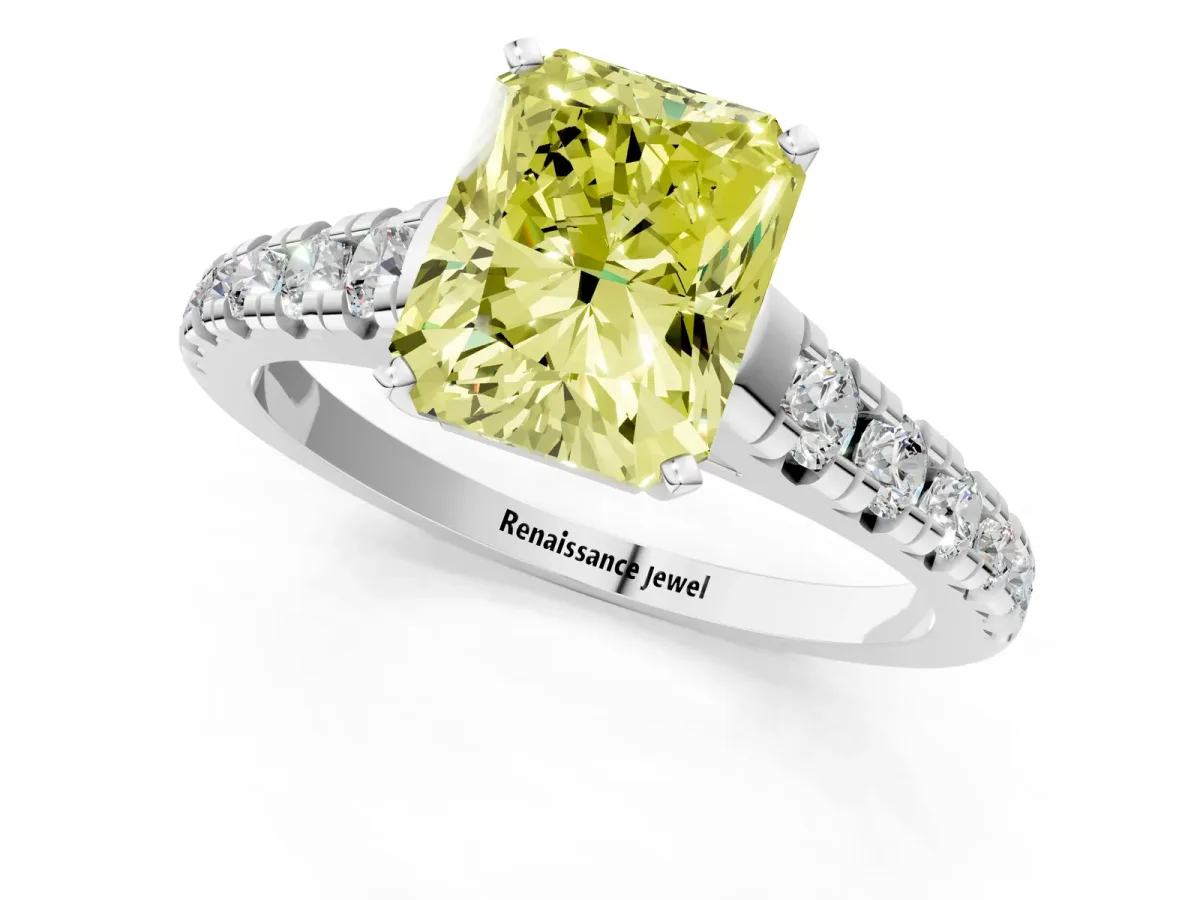 Fancy Yellow Radiant Cut Diamond Cathedral Solitaire Ring with Round Pavé Band Platinum