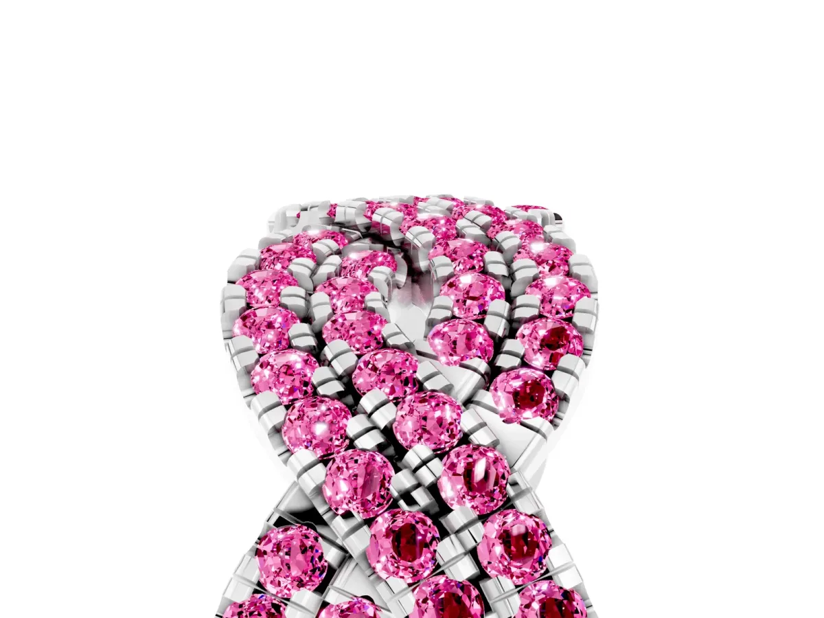 Pavé Round Pink Sapphire Infinity Twist Band with Shared Prong Setting White gold
