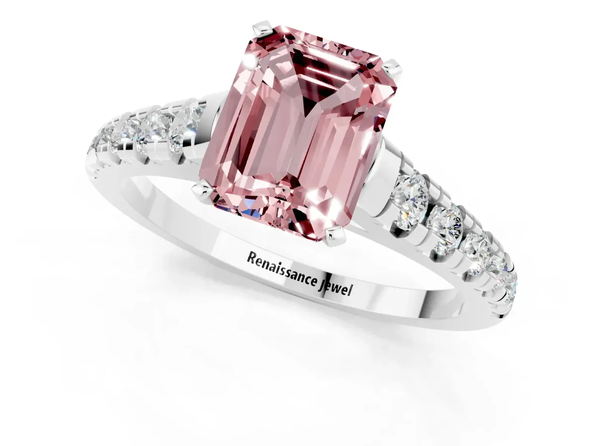Emerald Cut Morganite Cathedral Solitaire Ring with Round Pavé Band Platinum