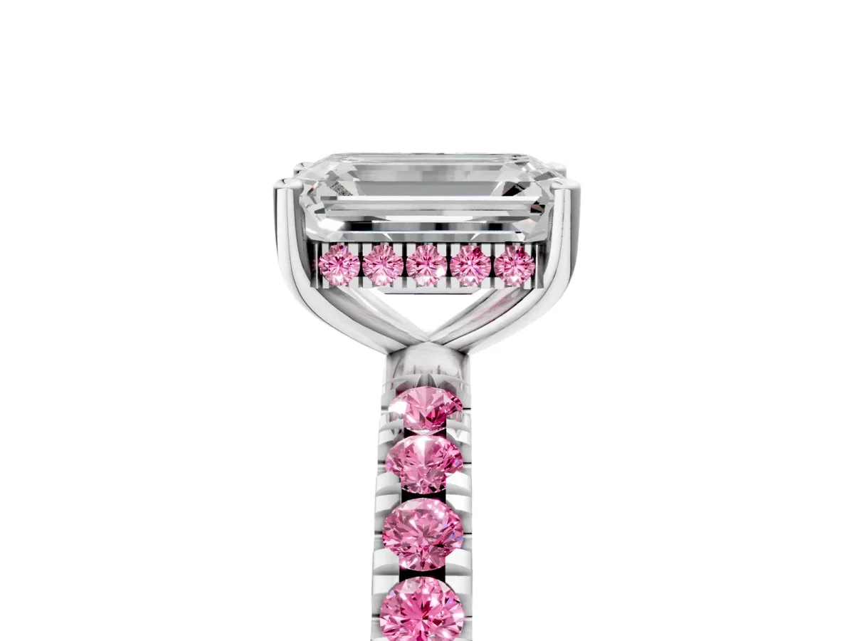 Emerald Cut Diamond Pave Band Solitaire Ring with Round Pink Sapphire and Prong Setting Platinum