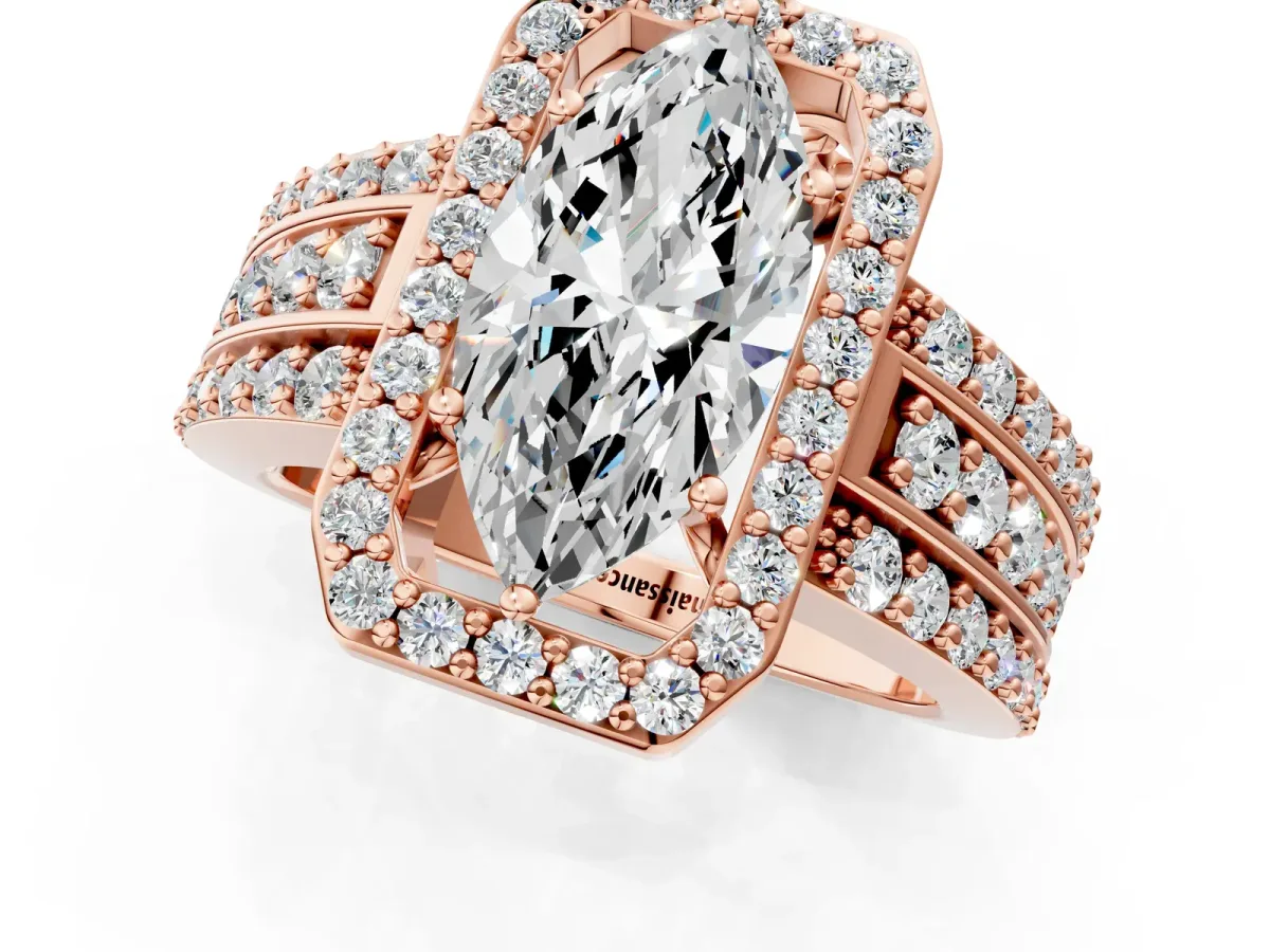 Marquise Cut Halo Diamond Ring with Round Split Shank and Prong Setting Rose gold