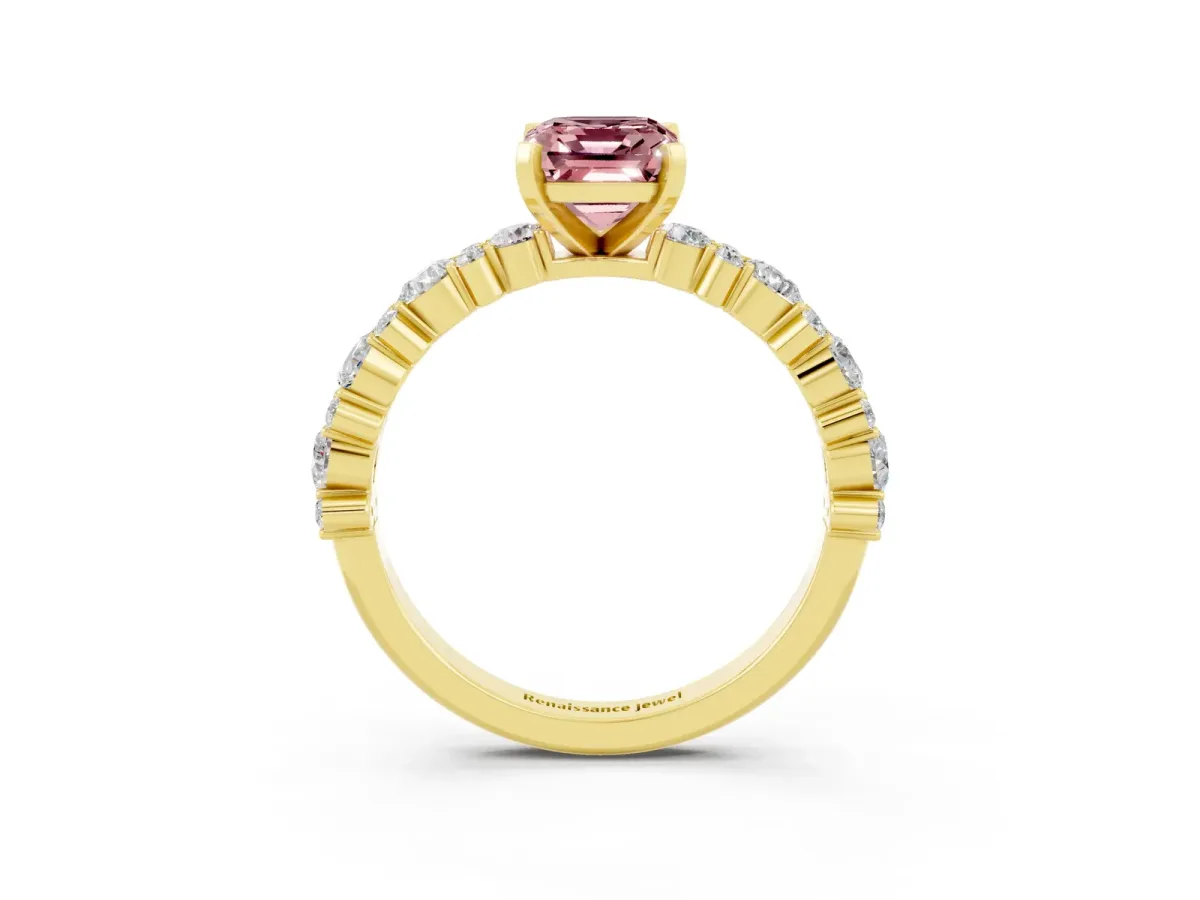 Emerald Cut Morganite Side Stone Solitaire Ring with Round and Four-Prong Setting Yellow gold