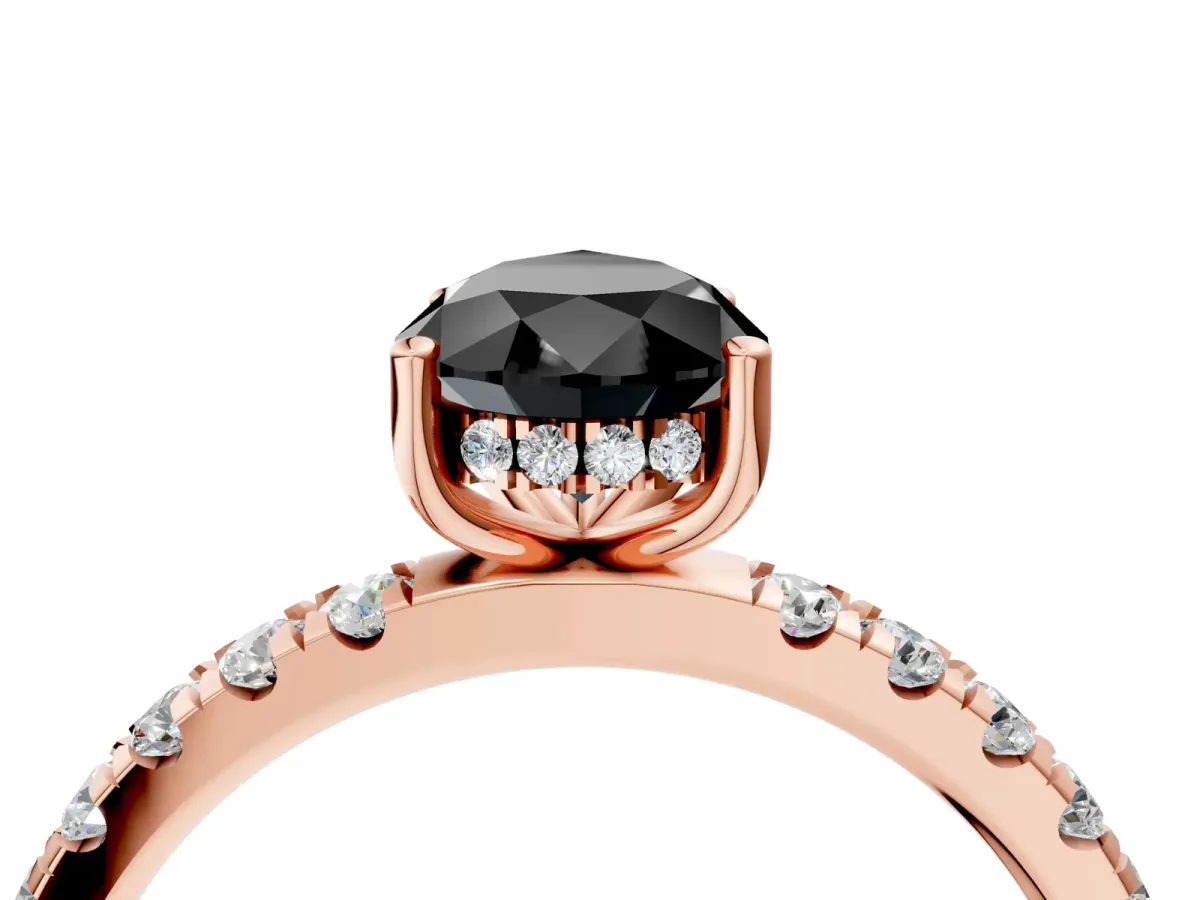 Fancy Black Pear Cut Diamond Pave Band Solitaire Ring with Round and Prong Setting Rose gold