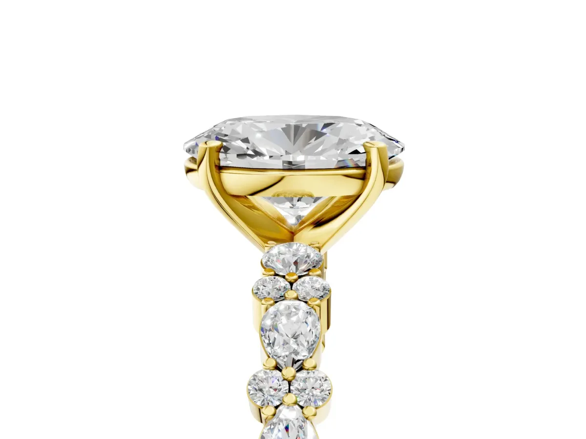 Oval Cut Diamond Side Stone Solitaire Ring with Round Moissanite and Four-Prong Setting Yellow gold