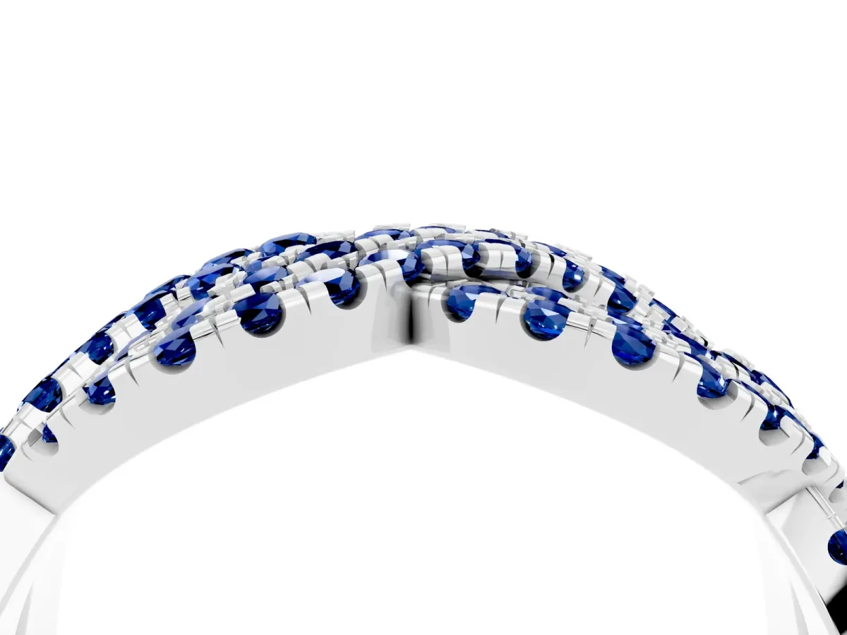 Pavé Round Blue Sapphire Infinity Twist Band with Shared Prong Setting White gold