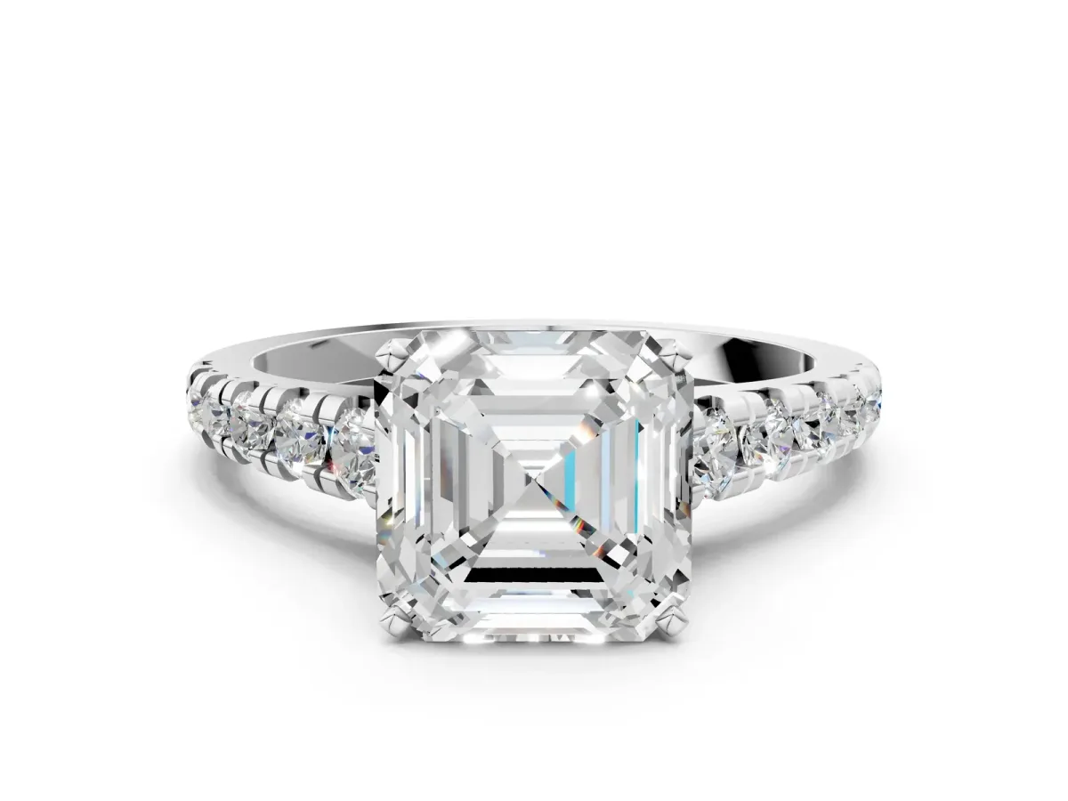 Asscher Cut Diamond Cathedral Solitaire Ring with Round Pavé Band Platinum