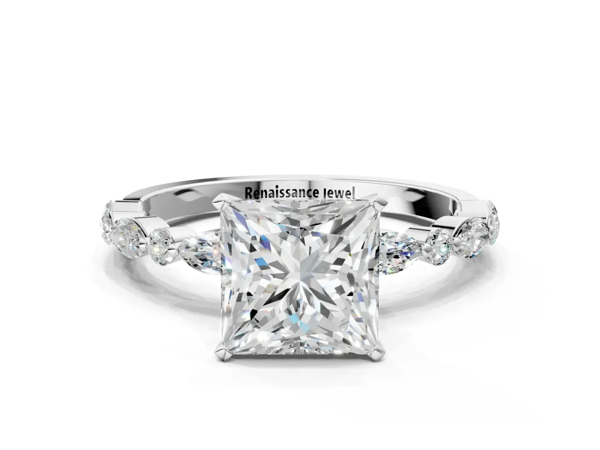 Princess Cut Diamond Ring with Marquise and Round Side Stones and Four-Prong Setting Silver