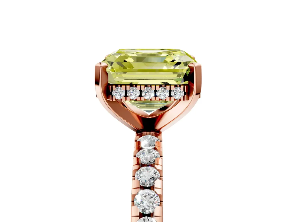 Fancy Yellow Asscher Cut Diamond Solitaire Ring with Round Pavé Band and Four-Prong Setting Rose gold