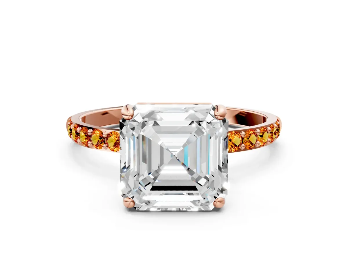 Asscher Cut Diamond Solitaire Ring with Round Citrine Pavé Band and Prong Setting Rose gold