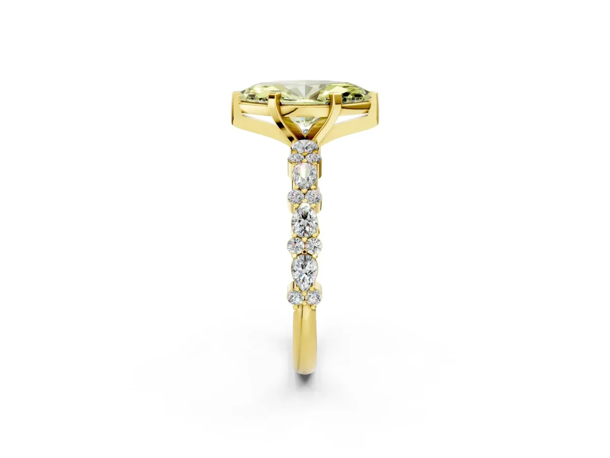 Fancy Yellow Marquise Cut Diamond Side Stone Solitaire Ring with Round and Four-Prong Setting Yellow gold