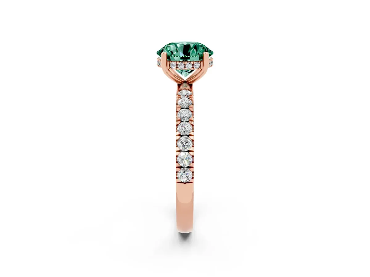 Round Cut Green Sapphire Pave Band Solitaire Ring with Round and Prong Setting Rose gold