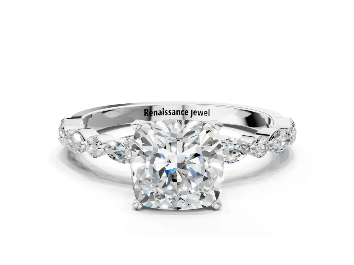 Cushion Cut Diamond Ring with Marquise and Round Side Stones and Four-Prong Setting Silver