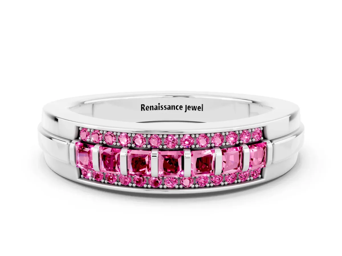 Bar-Set Princess Cut Pink Sapphire Pavé Band Silver
