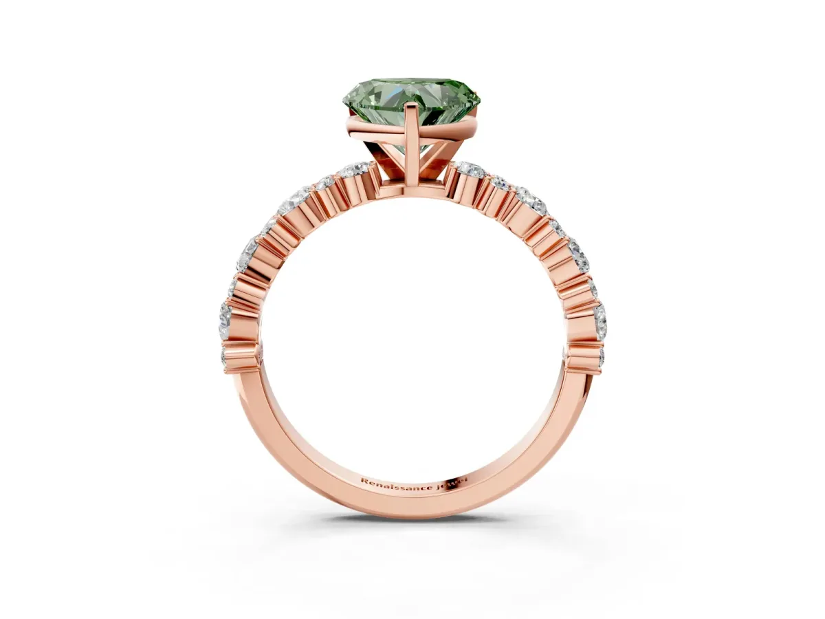 Fancy Green Heart Cut Diamond Side Stone Solitaire Ring with Round and Four-Prong Setting Rose gold
