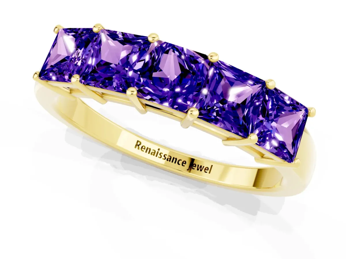 Princess Cut Five-Stone Tanzanite Band with Prong Setting Yellow gold