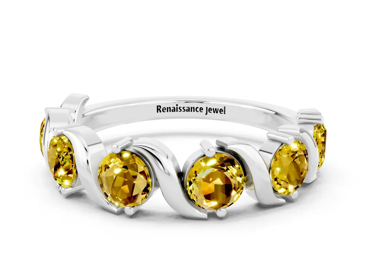 Round Yellow Sapphire Half Eternity Band with Wave Prong Setting White gold
