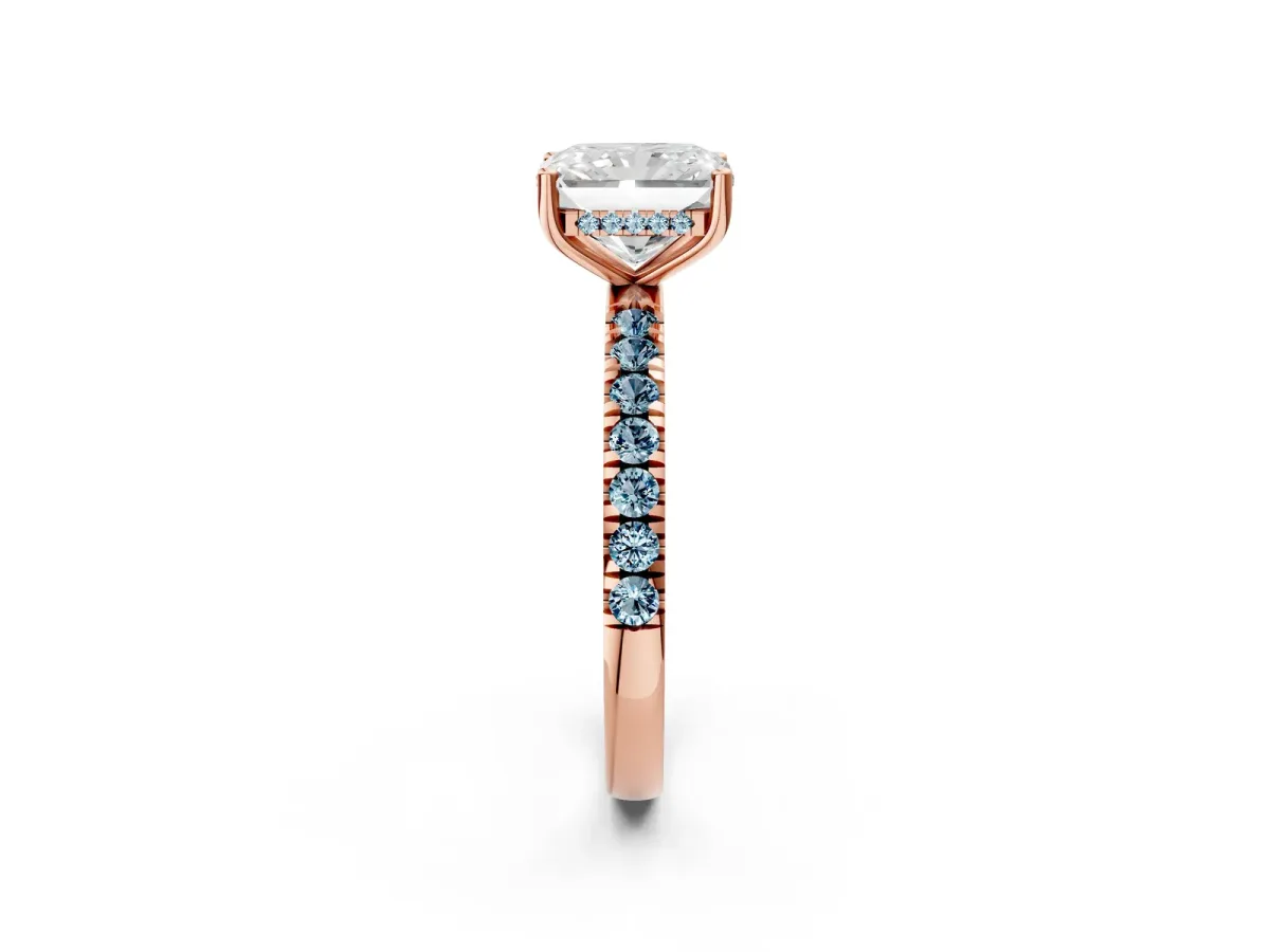 Radiant Cut Diamond Pave Band Solitaire Ring with Round Aquamarine and Prong Setting Rose gold