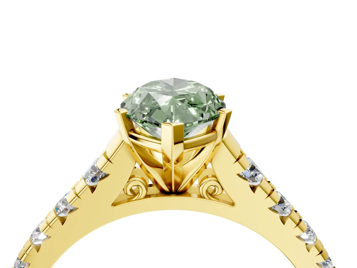 Fancy Green Marquise Cut Diamond Cathedral Solitaire Ring with Round Pavé Band Yellow gold
