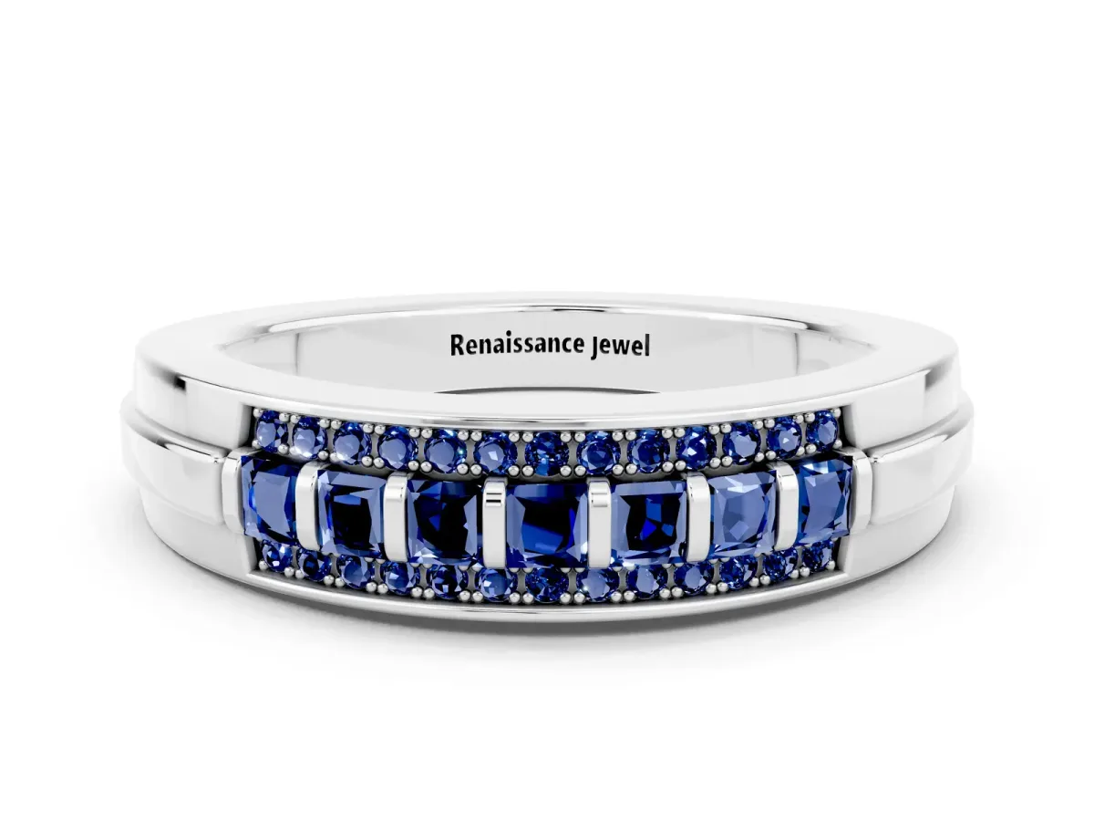 Bar-Set Princess Cut Blue Sapphire Pavé Band White gold