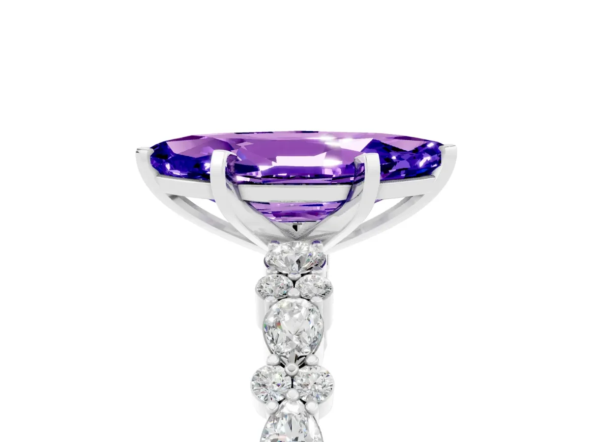 Marquise Cut Tanzanite Side Stone Solitaire Ring with Round and Four-Prong Setting White gold