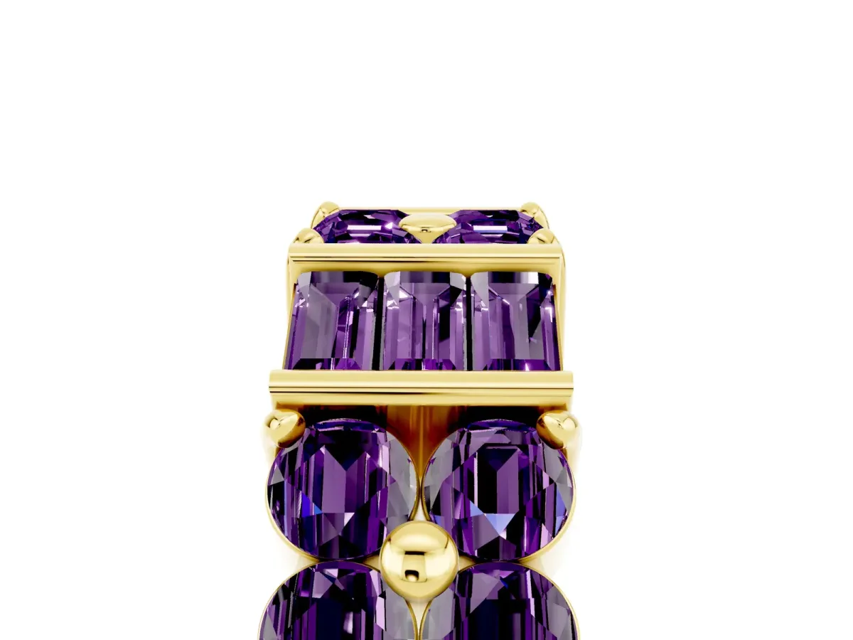 Channel Set Round and Baguette Amethyst Anniversary Band with Prong Setting Yellow gold
