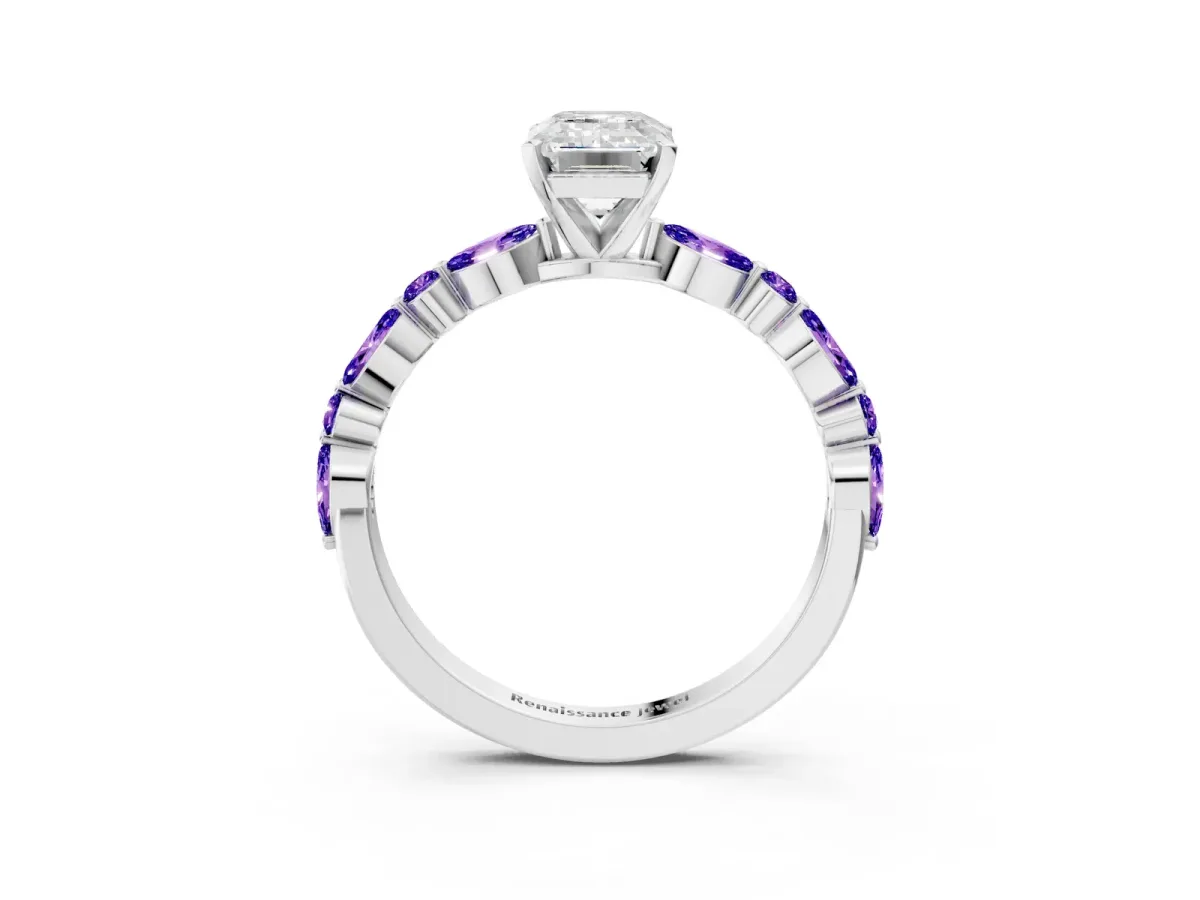 Emerald Cut Diamond Ring with Marquise and Round Tanzanite Side Stones and Four-Prong Setting Silver