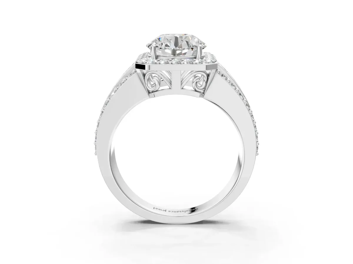 Round Cut Halo Diamond Ring with Round Tanzanite Split Shank and Prong Setting Silver
