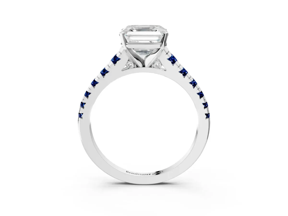Asscher Cut Diamond Cathedral Solitaire Ring with Round Blue Sapphire Pavé Band Silver