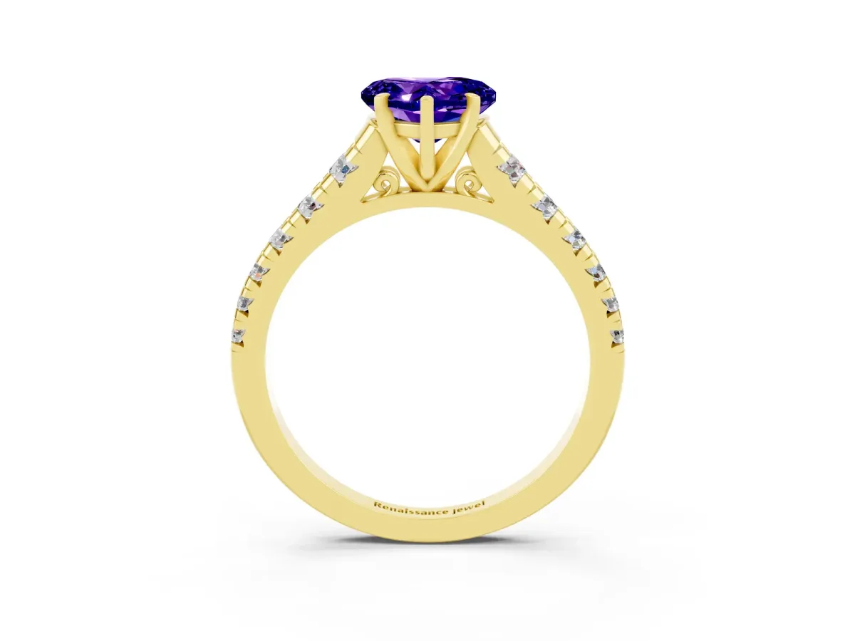 Heart Cut Tanzanite Cathedral Solitaire Ring with Round Pavé Band Yellow gold