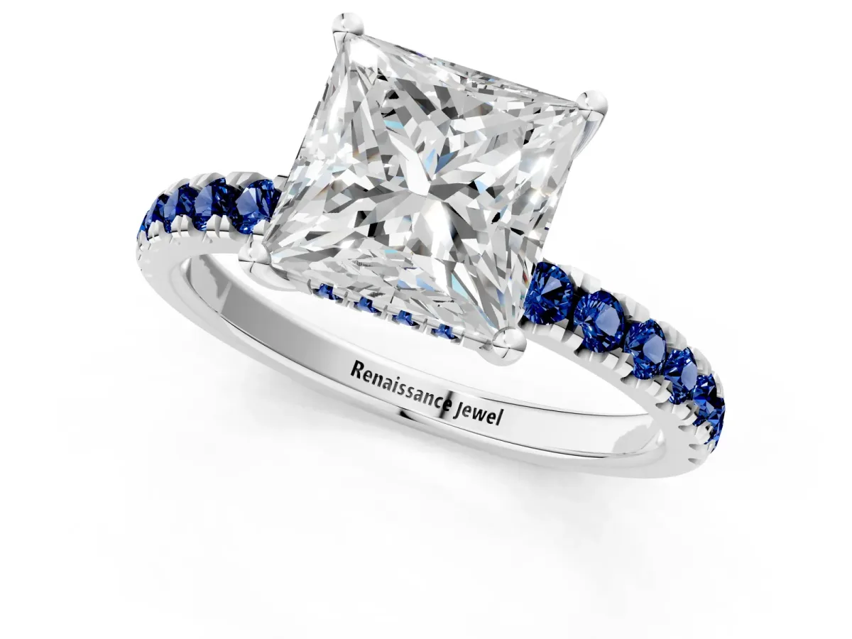 Princess Cut Diamond Pave Band Solitaire Ring with Round Blue Sapphire and Prong Setting Platinum
