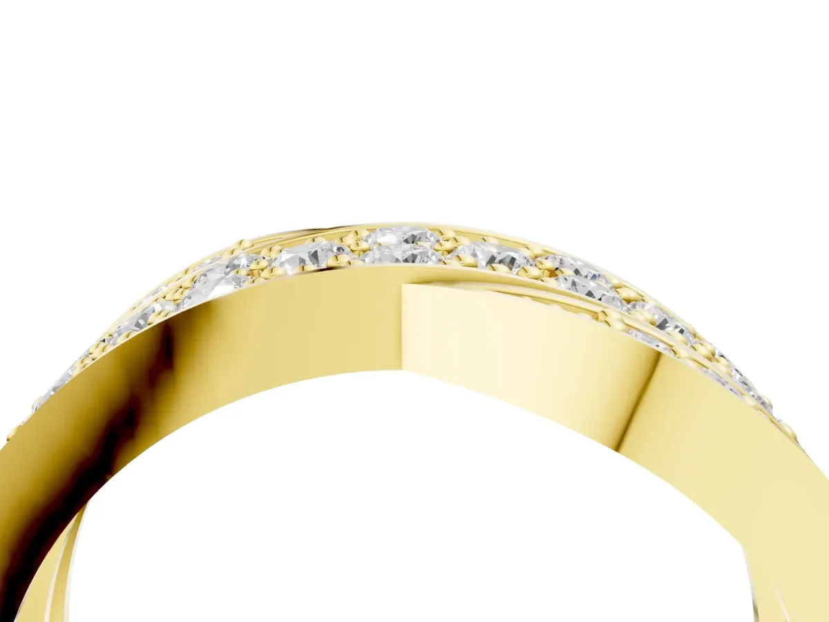 Pavé Round Diamond Crossover Band with Bead Prong Setting Yellow gold