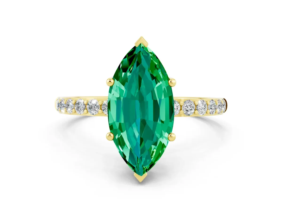 Marquise Cut Emerald Solitaire Ring with Round Pavé Band and Prong Setting Yellow gold