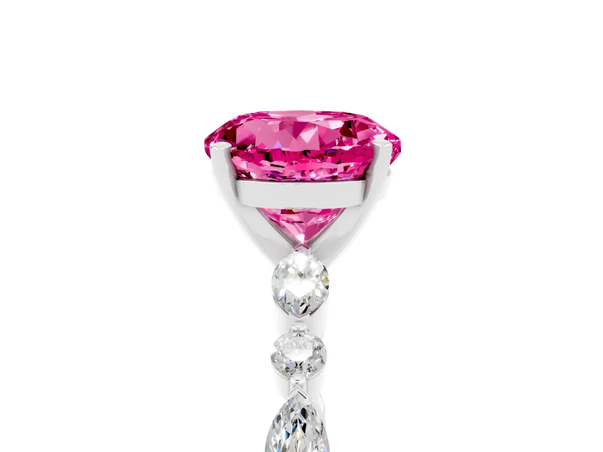 Round Cut Pink Sapphire Ring with Marquise and Round Side Stones and Four-Prong Setting Silver