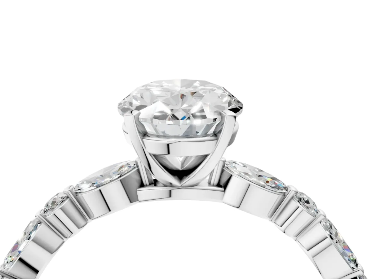 Oval Cut Diamond Ring with Marquise and Round Side Stones and Four-Prong Setting Silver
