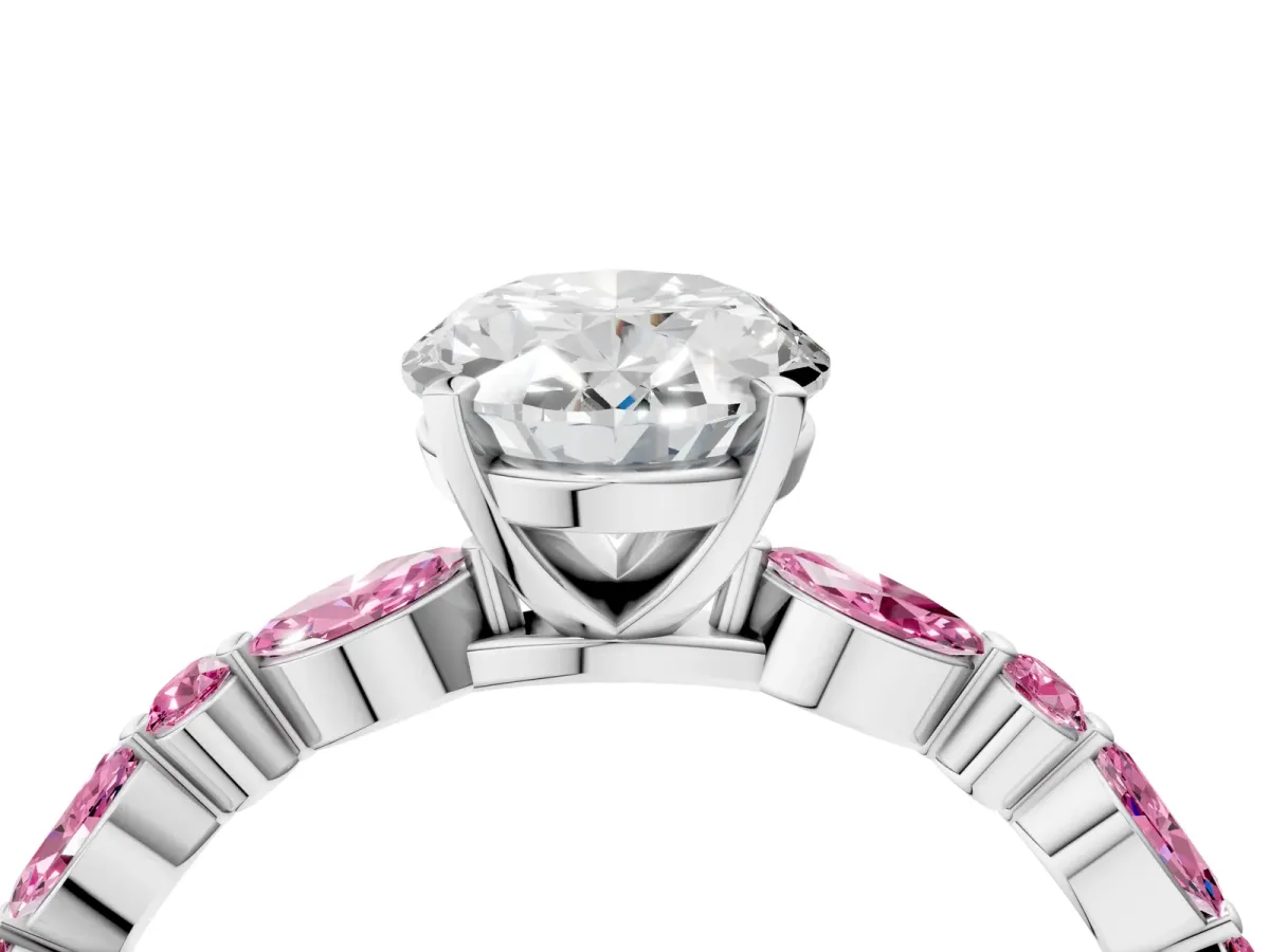 Oval Cut Diamond Ring with Marquise and Round Pink Sapphire Side Stones and Four-Prong Setting Silver
