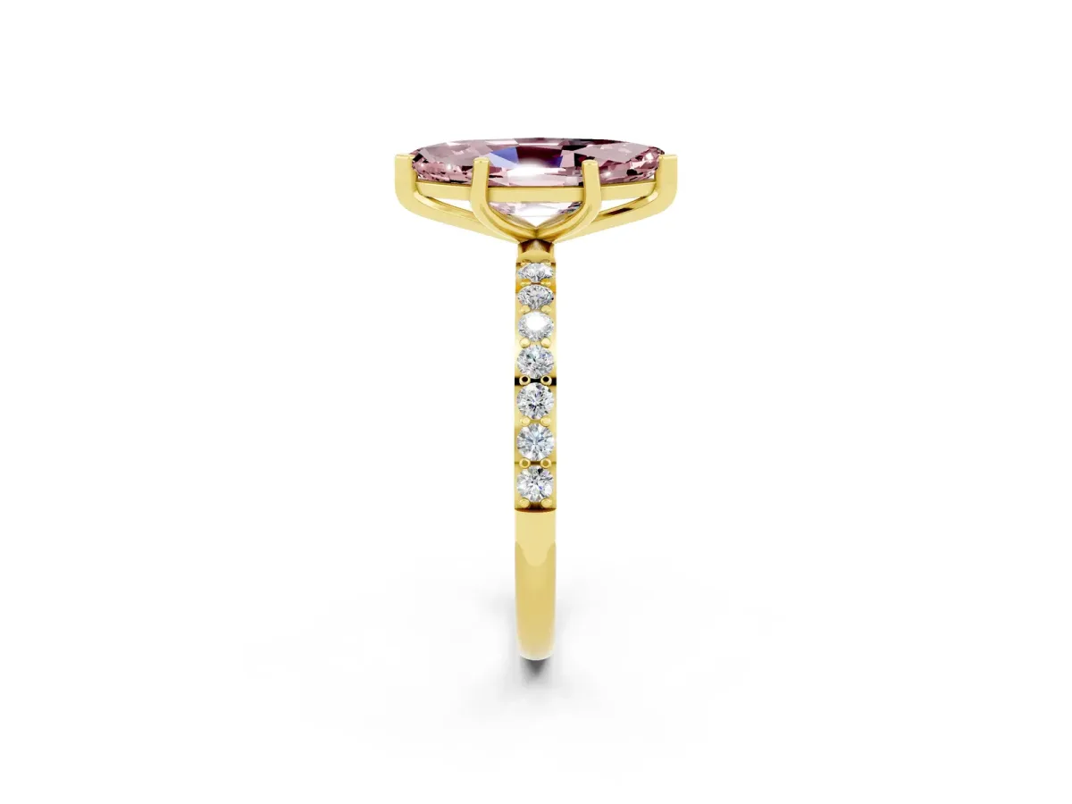 Marquise Cut Morganite Solitaire Ring with Round Pavé Band and Prong Setting Yellow gold