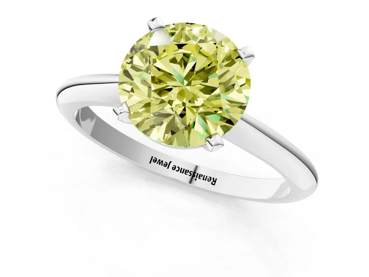 Fancy Yellow Round Cut Diamond Solitaire Engagement Ring with Classic Band and Four-Prong Setting Silver