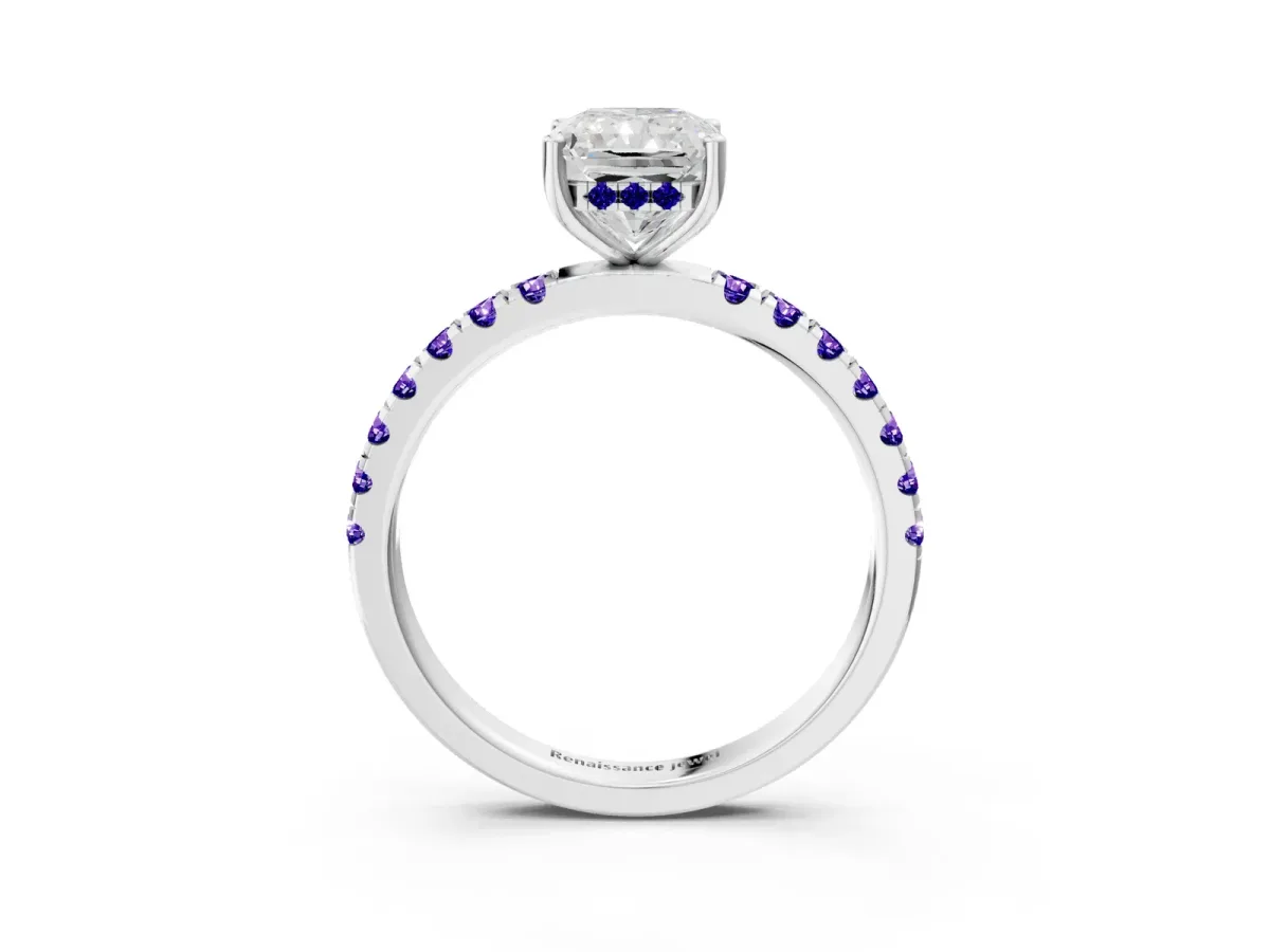 Radiant Cut Diamond Pave Band Solitaire Ring with Round Tanzanite and Prong Setting Platinum