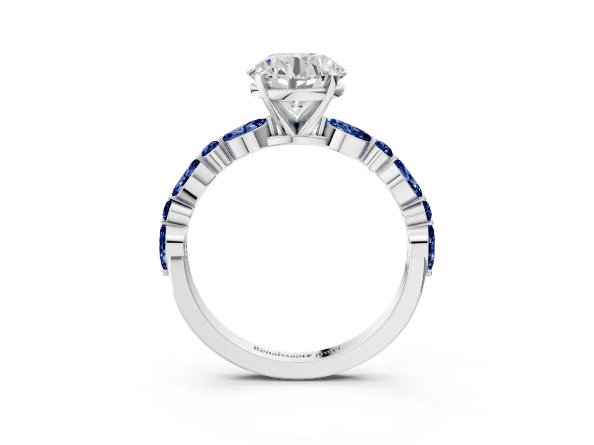 Round Cut Diamond Ring with Marquise and Round Blue Sapphire Side Stones and Four-Prong Setting Silver