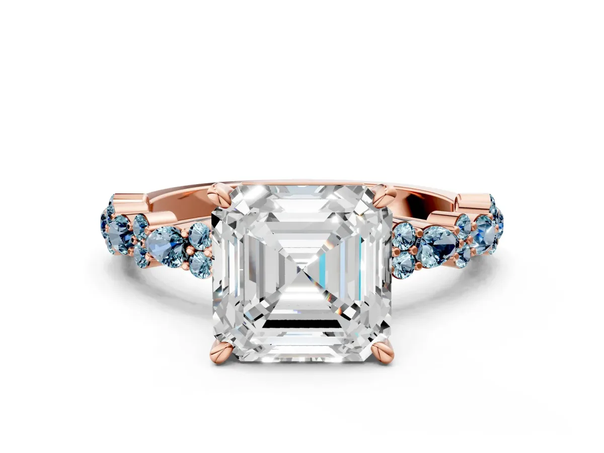 Asscher Cut Diamond Side Stone Solitaire Ring with Round Aquamarine and Four-Prong Setting Rose gold