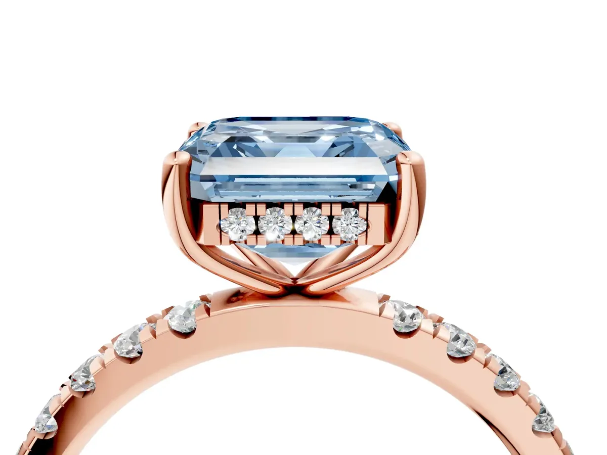Fancy Blue Asscher Cut Diamond Pave Band Solitaire Ring with Round and Prong Setting Rose gold