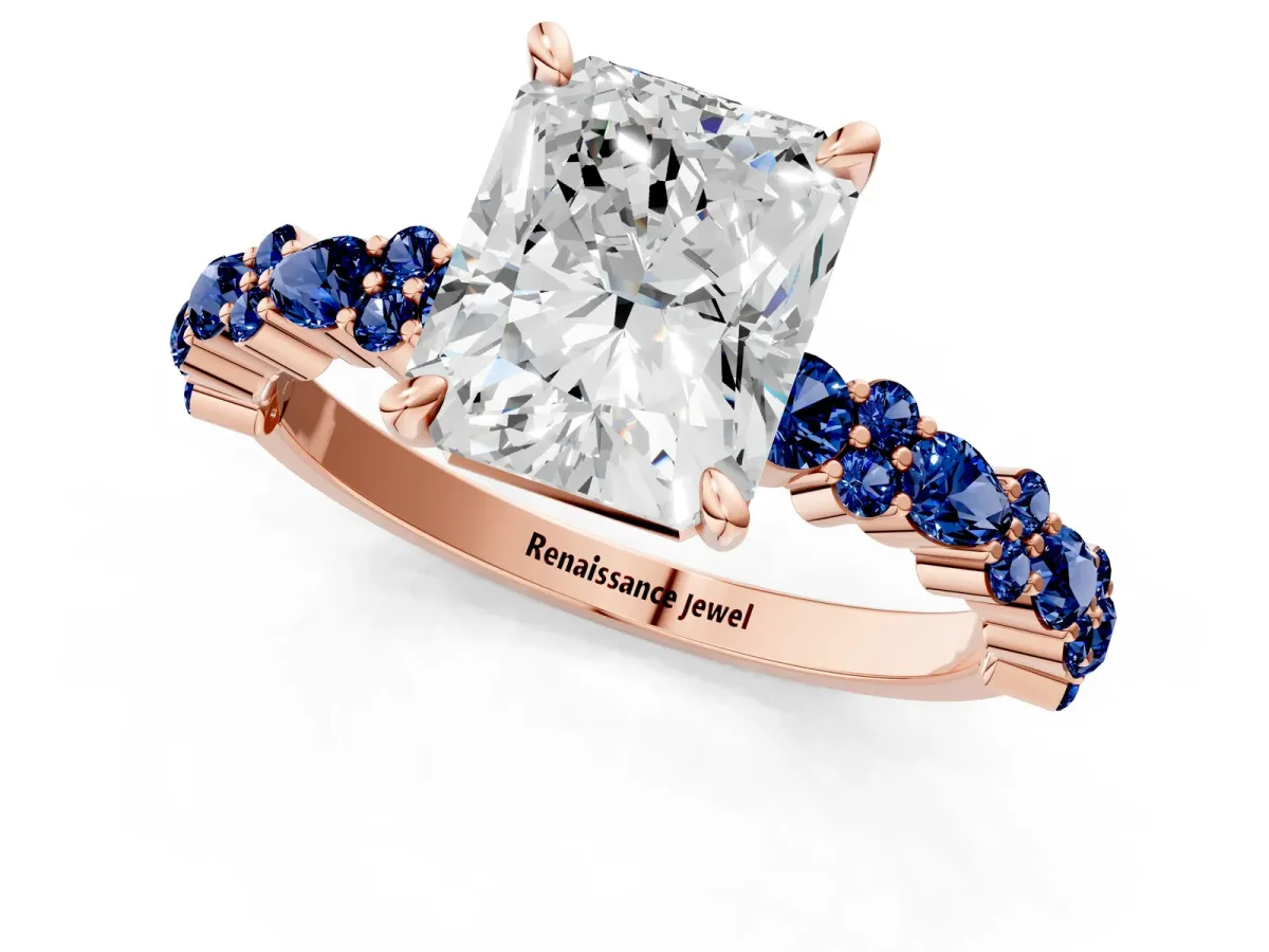 Radiant Cut Diamond Side Stone Solitaire Ring with Round Blue Sapphire and Four-Prong Setting Rose gold