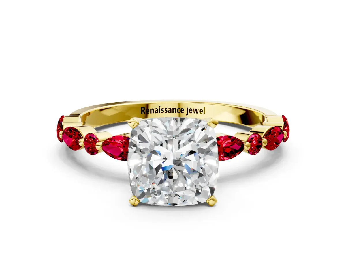 Cushion Cut Diamond Ring with Marquise and Round Ruby Side Stones and Four-Prong Setting Yellow gold