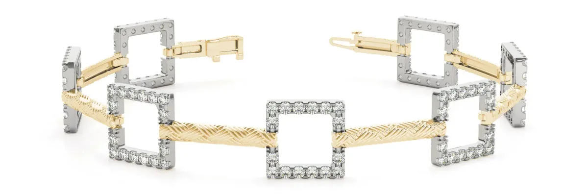 Square Diamond Pavé Link Bracelet with Textured Band and Four-Prong Setting Yellow gold