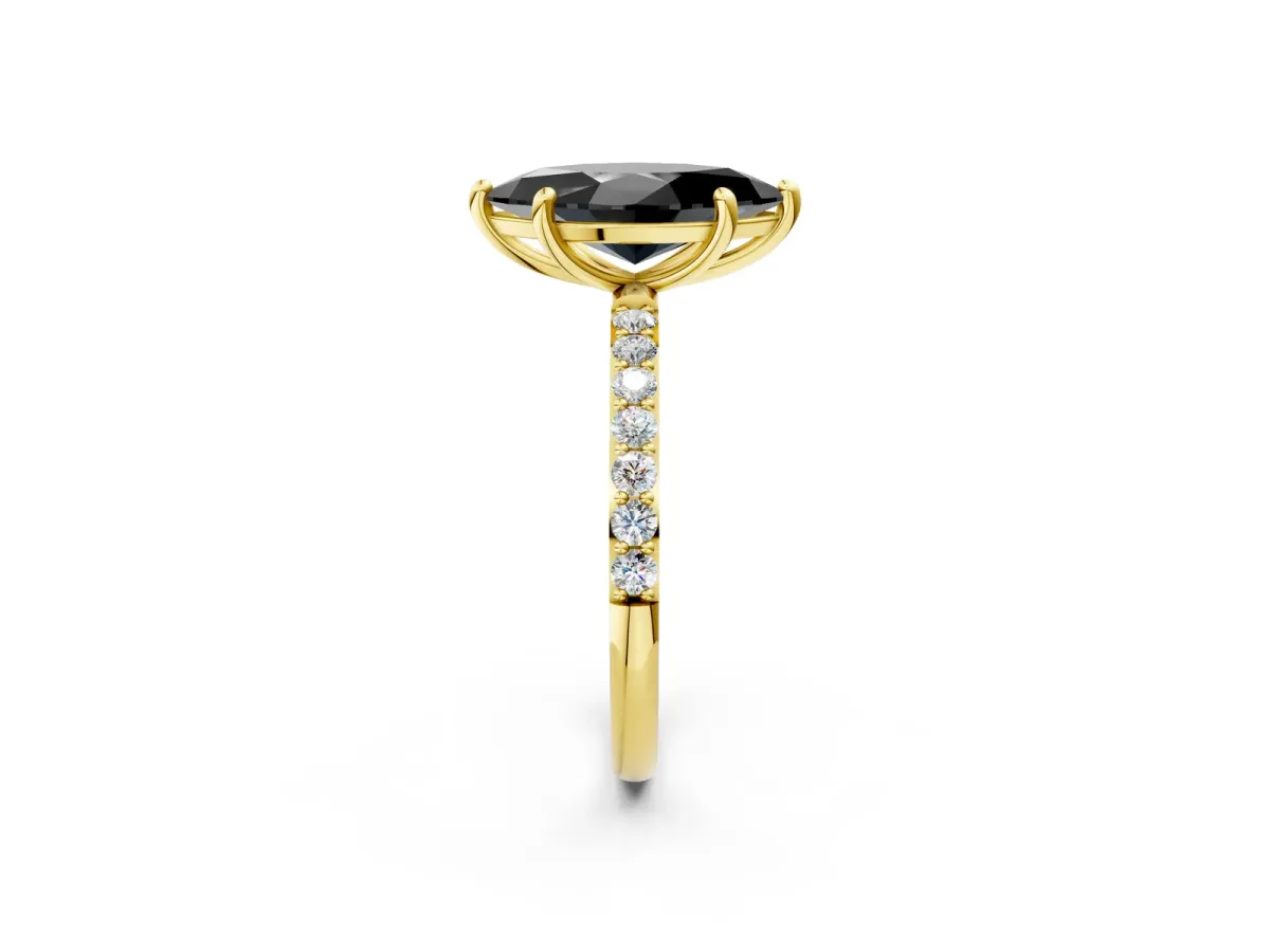 Fancy Black Marquise Cut Diamond Solitaire Ring with Round Pavé Band and Prong Setting Yellow gold