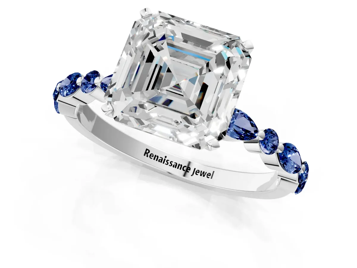 Asscher Cut Diamond Ring with Marquise and Round Blue Sapphire Side Stones and Four-Prong Setting Silver
