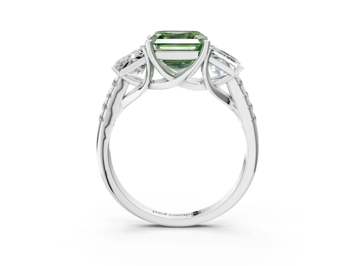 Fancy Green Three-Stone Asscher Cut Diamond Ring with Round Pavé Band and Prong Setting Platinum
