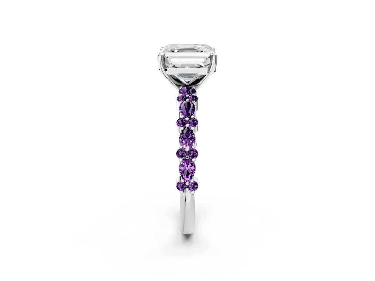 Asscher Cut Diamond Side Stone Solitaire Ring with Round Amethyst and Four-Prong Setting Silver