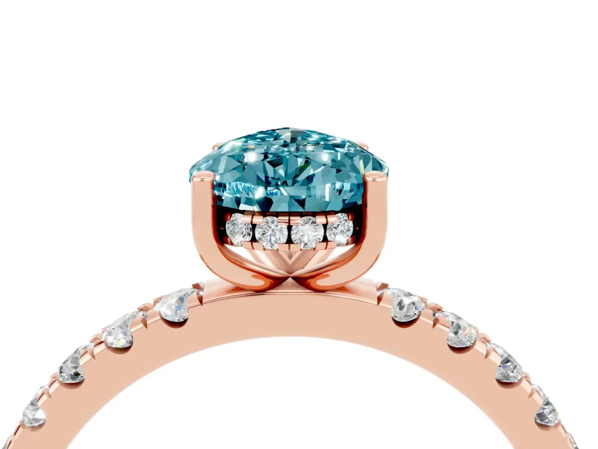 Pear Cut Blue Topaz Pave Band Solitaire Ring with Round and Prong Setting Rose gold